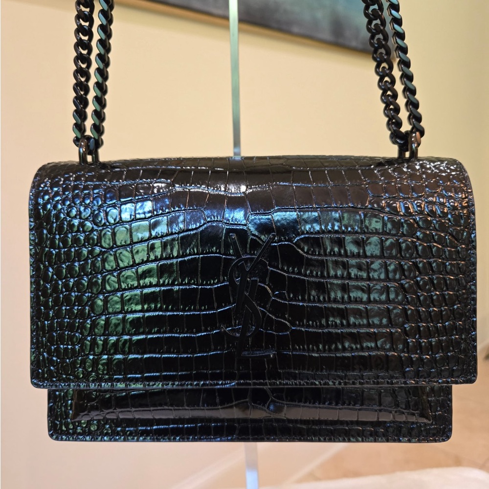Yves Saint Laurent Black Glossy Shoulder Bag with Chain Strap - Picture 14 of 14